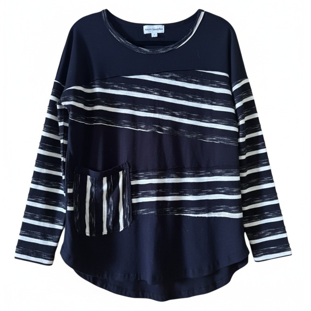 Neon Buddha Striped Long Sleeve Top S Black White Cotton Art to Wear Lagenlook